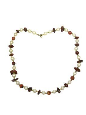 Vintage Simulated Pearl Necklace Glass Beads Stone Gold Tone 17 inch